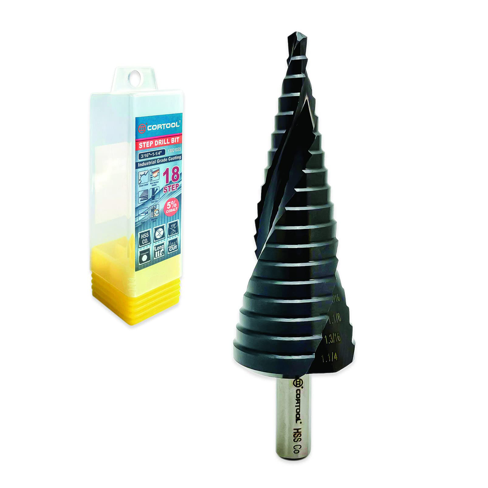 Step Bit 3/16” to 1-1/4” Inch HSS Co M35 Cobalt Step Drill Bit for Stainless Steel and Hard Metal 18 Steps